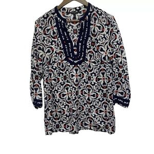 Talbots Blouse Women X 12‎ 14 Navy Medallion Resort Tunic Long Sleeve Cover Up